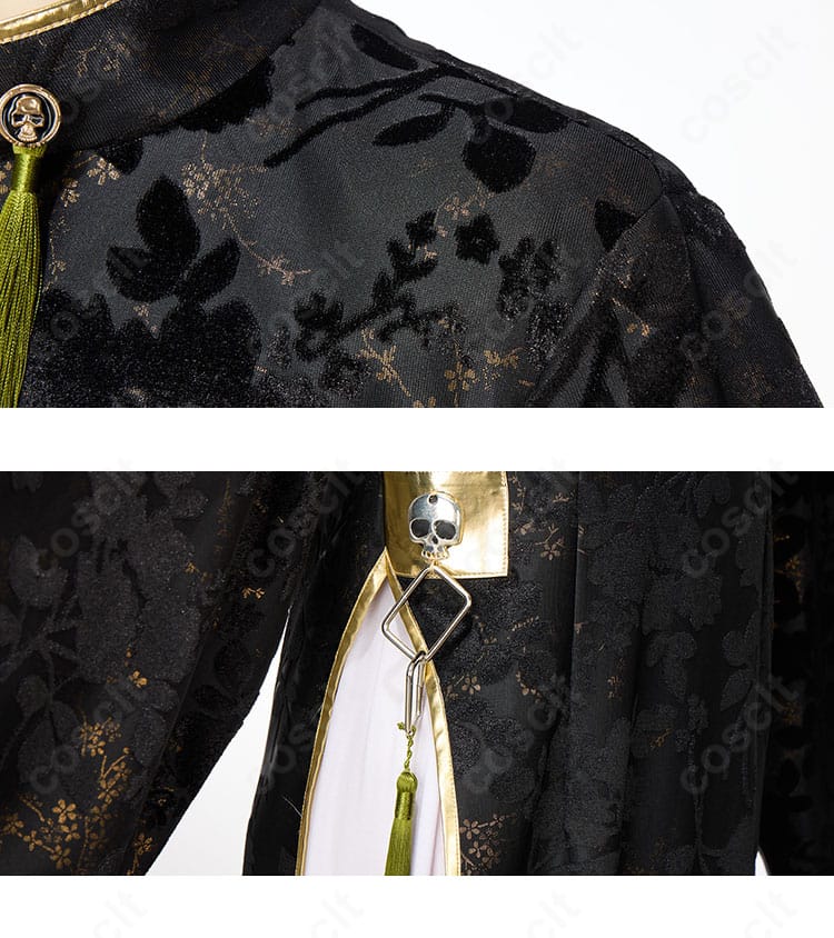 肩とズボンの装飾ディテール。肩パーツの配置とパンツの意匠の統一感を示す画像。