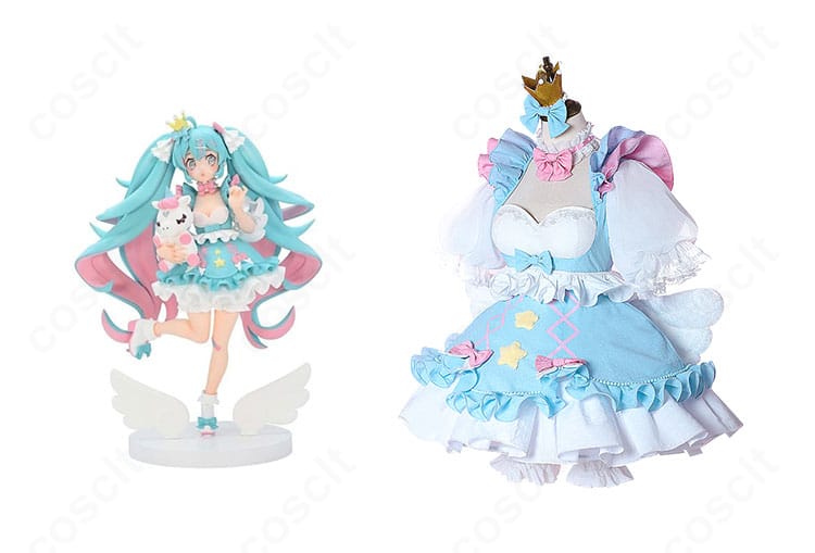 初音ミク 夢かわプリンセス衣装の正面全体とキャラクター参照。配色と装飾の再現度が分かる商品画像