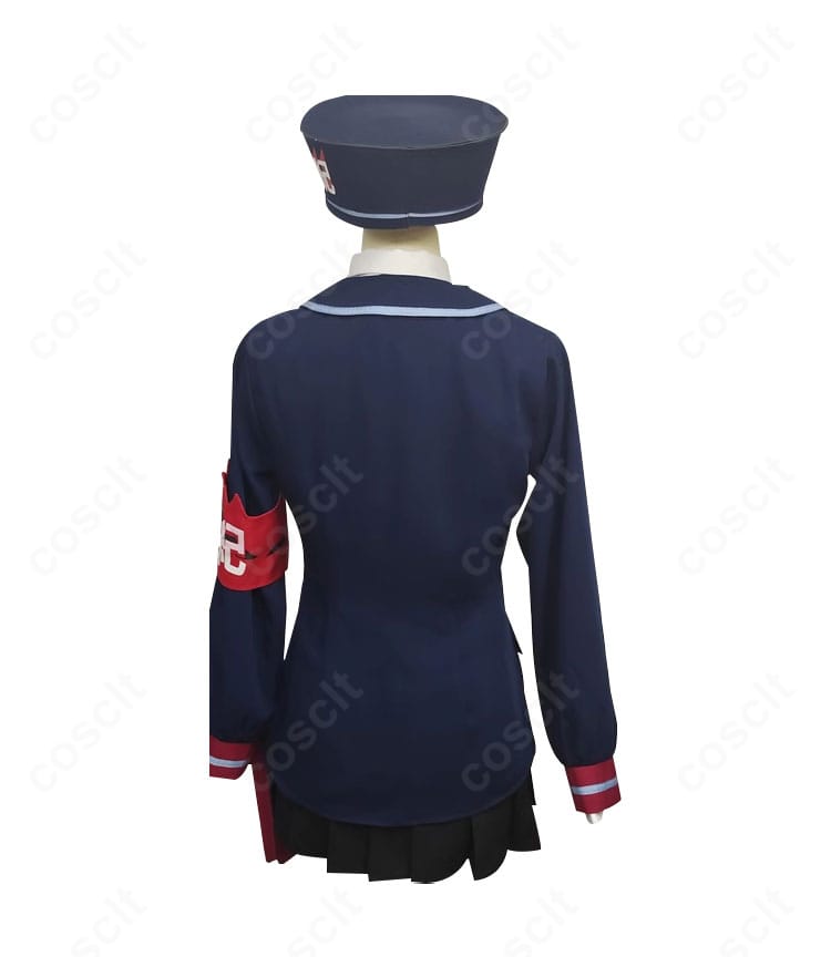 ブルーアーカイブ 風紀委員会モブ 制服コスプレの背面。背中の切替えと腰位置のシェイプ、プリーツの落ち感を確認可能。