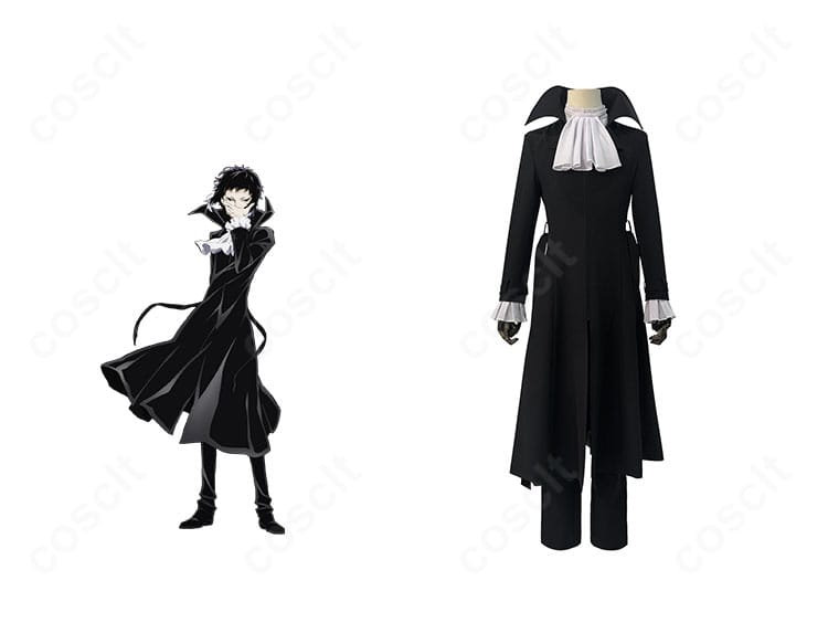文豪ストレイドッグス 芥川龍之介のコスプレ衣装と公式ビジュアル比較。黒コートと白シャツの高再現度が分かる正面画像。