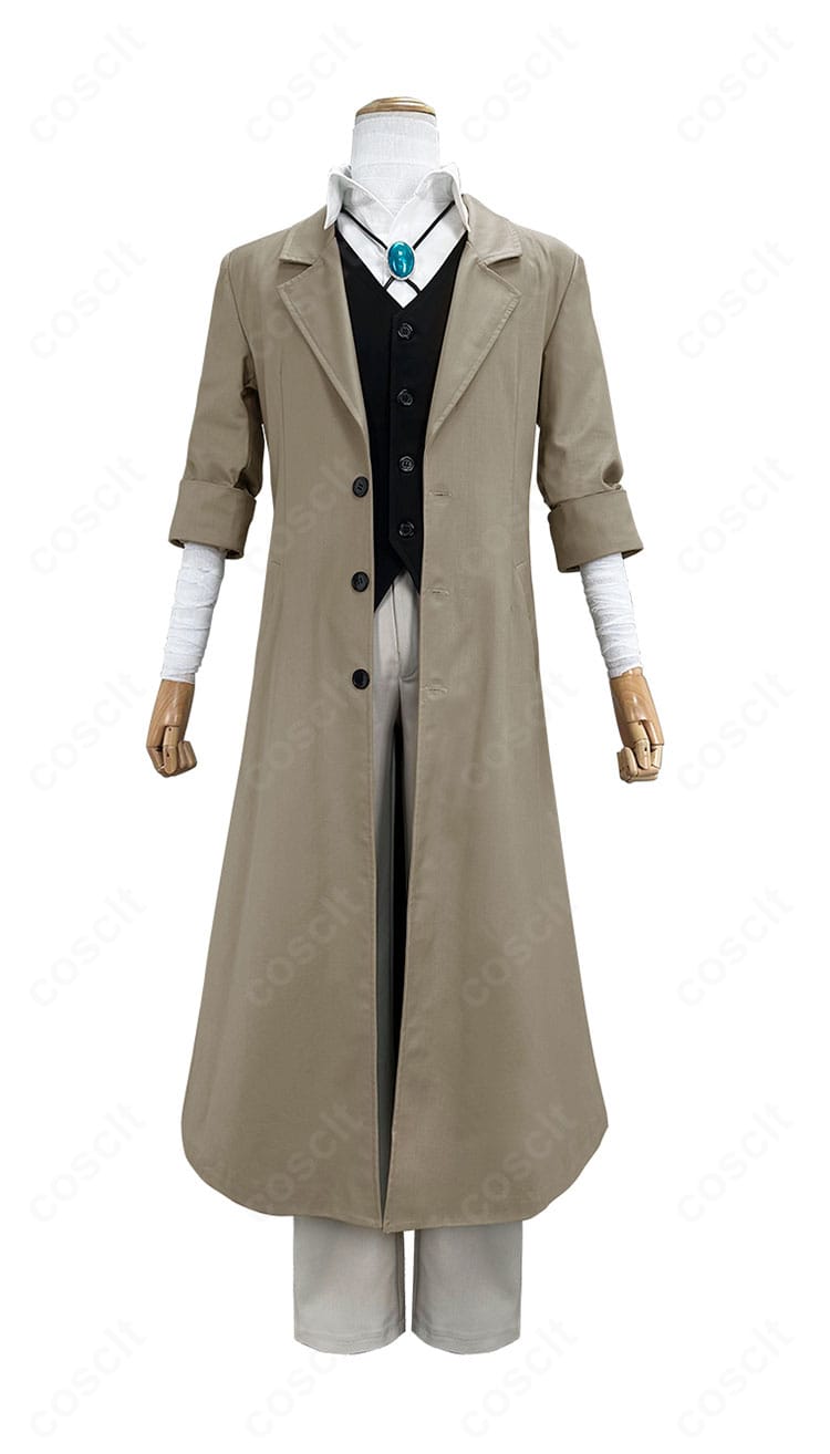 太宰治コスプレ衣装の正面全体。コートとベスト、リボンの配置がわかる高再現デザイン