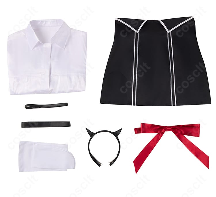 夜桜キララ コスプレ衣装のセット内容一覧。シャツ、スカート、リボン、カチューシャ、チョーカー、太もも飾り、靴下を並べた画像