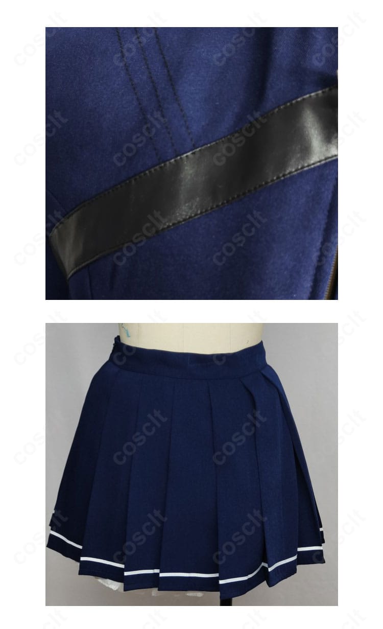 制服コスプレの装飾ディテール。精密な刺繍とリボン装飾でキャラクターらしさを表現。