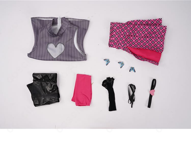 セット内容一式(トップス、スカート、コルセットベルト、髪飾り、アームカバー、太もも飾り、網タイツ)のレイアウト。