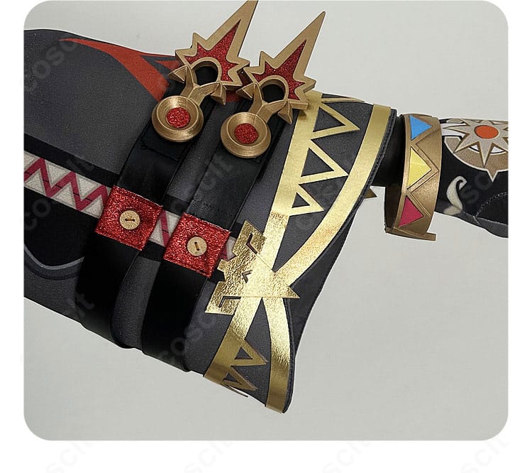 マーヴィカ 炎神 コスプレの袖装飾詳細。独特のモチーフ刺繍と配色のコントラスト