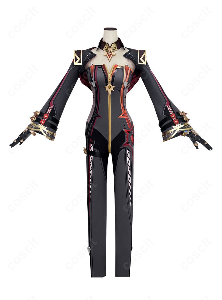 原神 マーヴィカ 炎神 コスプレ衣装の正面全身。金色装飾とレッド基調の配色がわかるカット