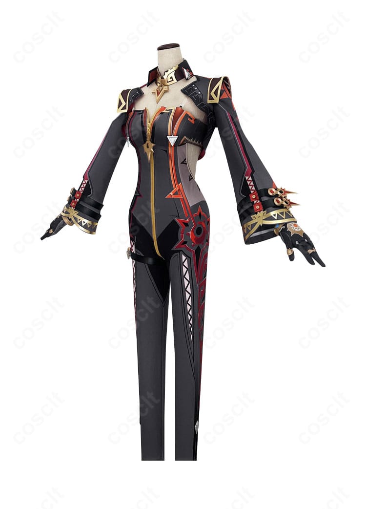 原神 マーヴィカ 炎神 コスプレ衣装の側面。立体的な肩意匠と体に沿うフィット感を確認できる画像