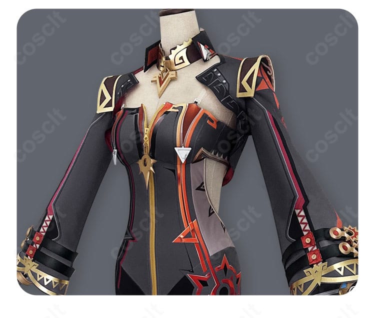 マーヴィカ 炎神 コスプレ上衣装飾のクローズアップ。金糸刺繍とメタリック意匠の質感が際立つ