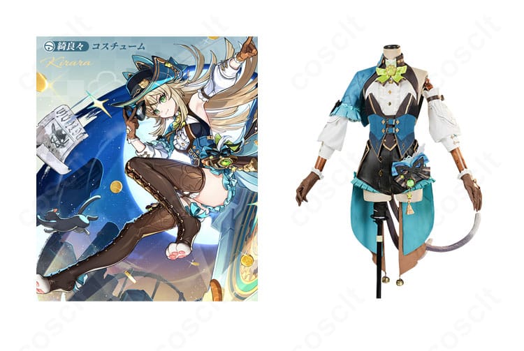 COSCLT 原神 綺良々『麗しき怪傑』コスプレ衣装の正面とキャラクターイメージを並べた比較画像