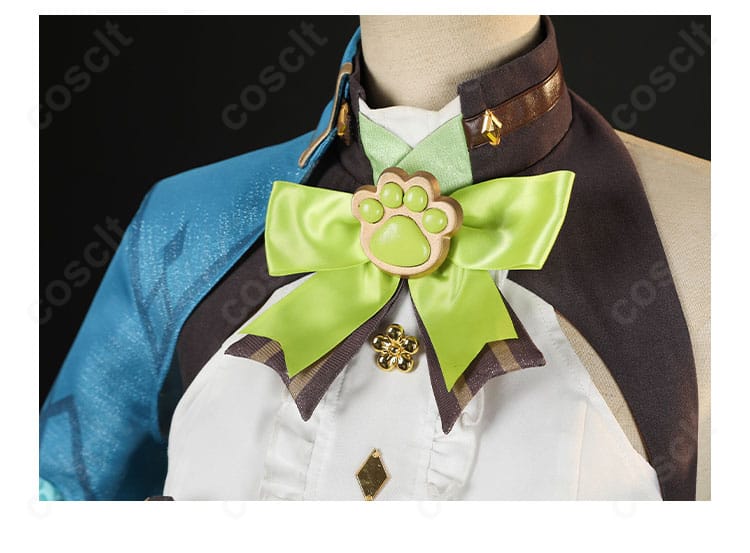 襟まわりの装飾ディテール。襟飾りと配色のコントラストが分かるクローズアップ