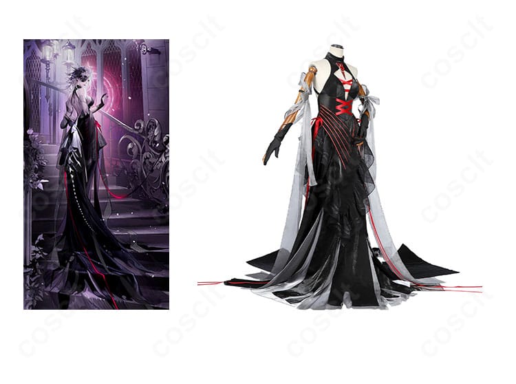 無期迷途 デレーヤ 星海の迷夢コスプレ衣装の正面とキャラクタービジュアルの比較。特徴的な装飾と配色を強調