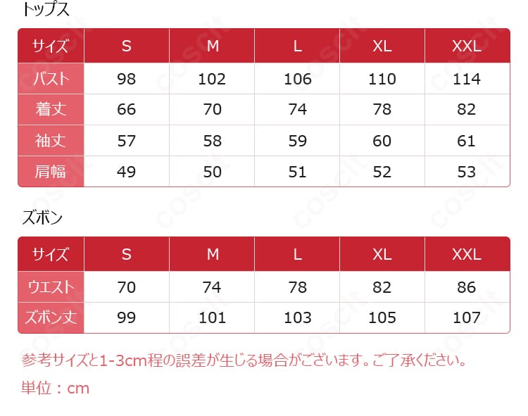 サイズガイド画像：クエスティオン＝アドニス コスプレ衣装の寸法表と選び方案内