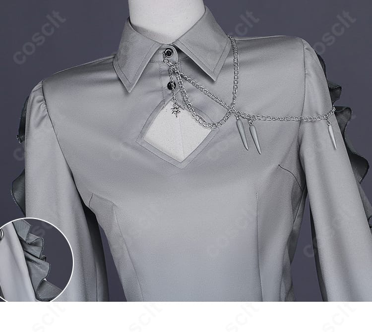 肩〜袖の装飾接写。肩の意匠と袖口のデザイン、全体バランスを引き立てるディテール。