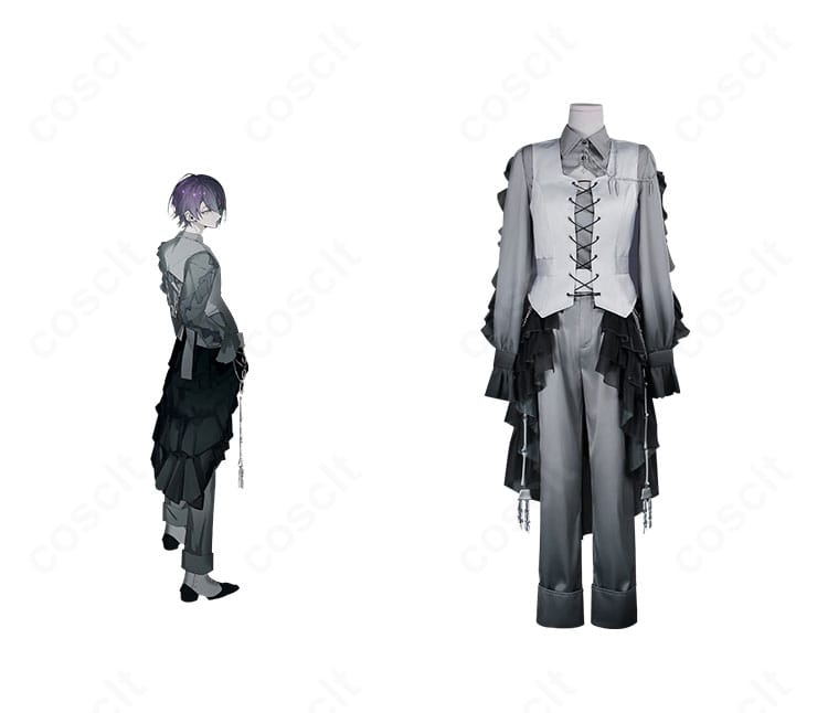 神代類 エイプリルフールver.のコスプレ一式とキャラクターイメージを並置した正面写真。黒基調にチェーンとベルトが映える高再現デザイン。