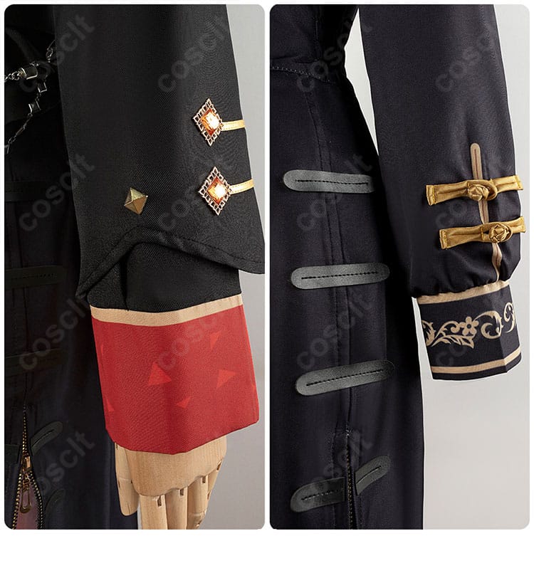 袖口装飾ディテール。袖のラインと装飾の配置、ハリのある生地で形が保たれる様子。