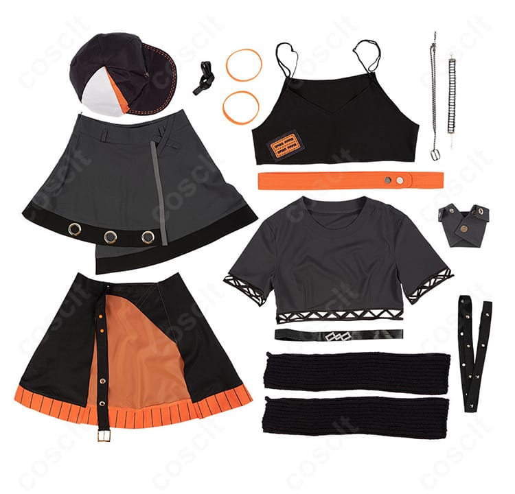 セット内容一覧画像。帽子、トップス、スカートほか同梱アイテムが一目でわかる