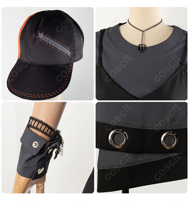 帽子・手首飾り・ネックレスの小物セット。表面の質感と金具の色味を確認できる