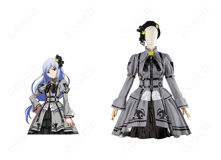 白石紬・中谷育・最上静香・篠宮可憐・ジュリアの5周年MV衣装「夢にかけるRainbow」コスプレ、キャラクター集合と衣装正面の比較イメージ