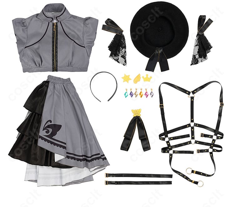 セット内容一式(トップス、スカート、ベルトコンポーネント、リボン、腕ベルト、帽子、髪飾り、カチューシャ)のレイアウト画像