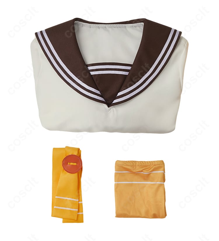 温水佳樹コスプレ衣装のセット内容一覧。ワンピース・スカーフ・靴下の3点が揃ったレイアウト。