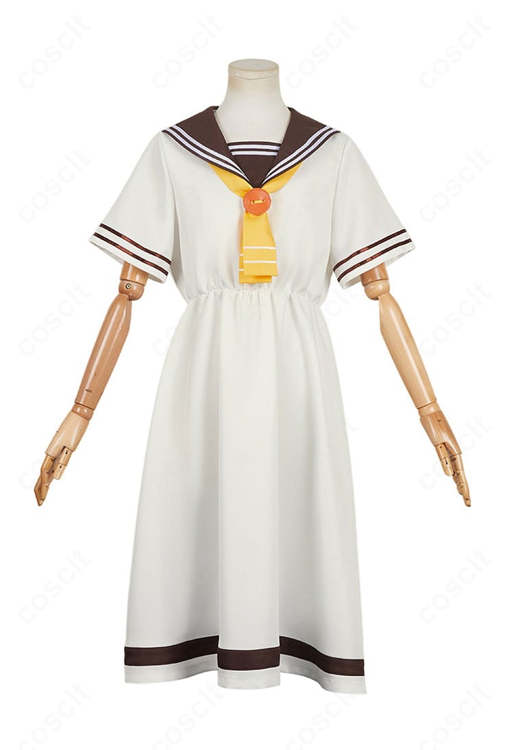 温水佳樹コスプレ衣装の正面カット。ワンピース、スカーフ、靴下の3点セット構成と配色バランスが分かる写真。