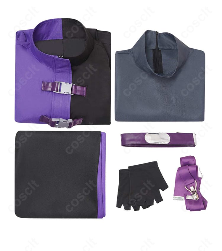 セット内容一式の平置き画像。コート、インナー、ズボン、手袋、ベルト、腰飾りが含まれるフルセット。