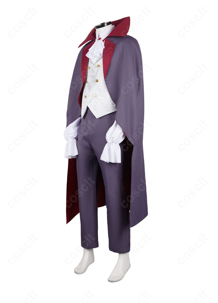 ダンジョン飯 ミスルン 吸血鬼コスプレ衣装の左側面。マントの落ち感とベストの立体シルエット、パンツのラインが見える画像。