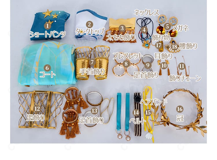 第五人格 祭司 フィオナ・ジルマン 名誉首席コスプレ衣装のセット一式レイアウト。コート、ショートパンツ、アクセサリーまでの内容を一覧表示した画像。