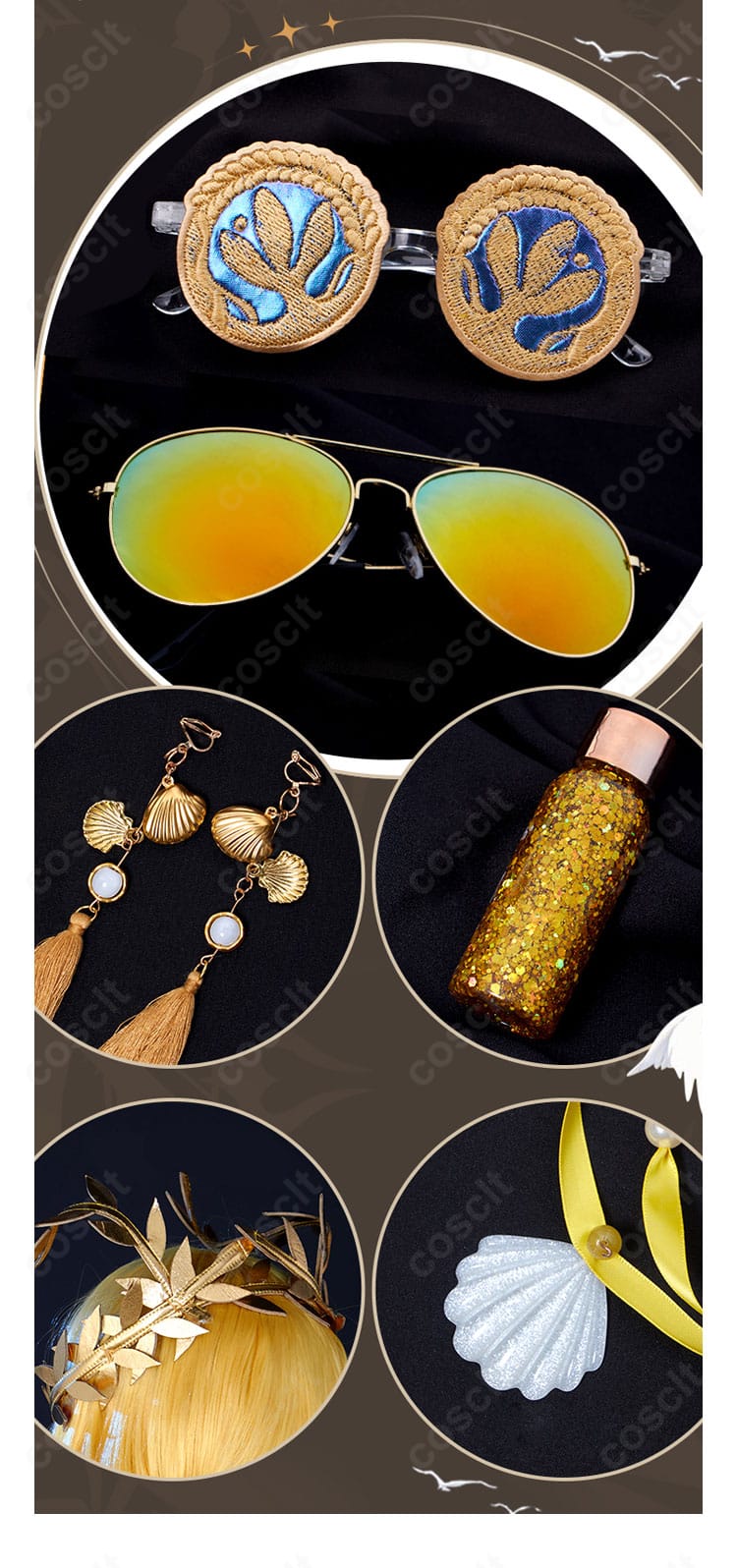 名誉首席の小物セット（耳飾り・眼鏡・ヘアアクセ）。質感とデザインを示すアクセサリーのクローズアップ。