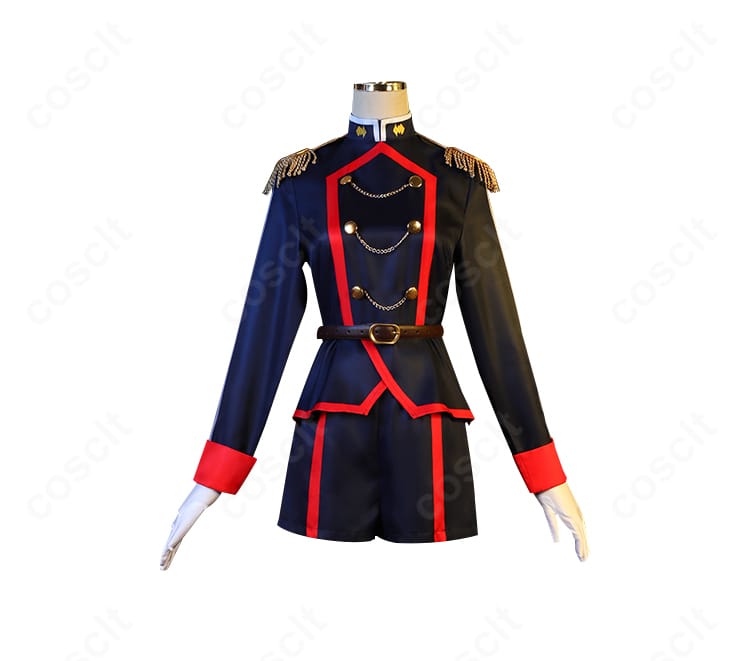 山城恋コスプレ衣装の装飾ディテール。刺繍と金属調パーツの質感をクローズアップ。