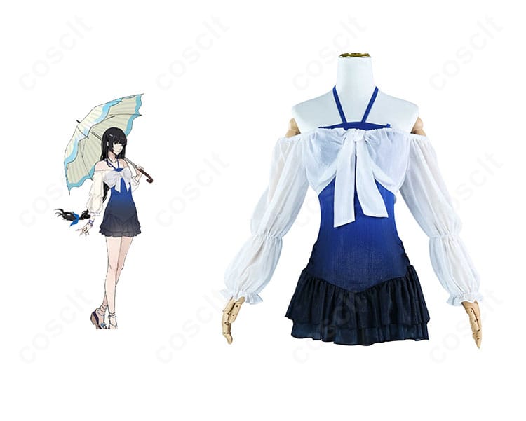 商品正面とキャラクター比較：ペルソナ5：ザ・ファントムX 多祢村理子の水着コスプレ衣装と公式ビジュアルの雰囲気を合わせて確認できる画像