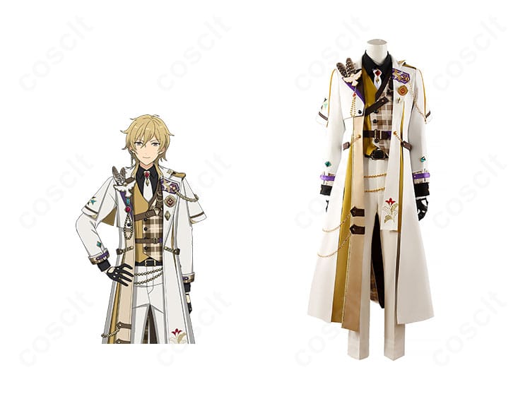 羽風 薫 インテリジェンス衣装の前面とキャラクター比較。色味・装飾位置・シルエットまで高再現の仕上がりが分かる合成イメージ