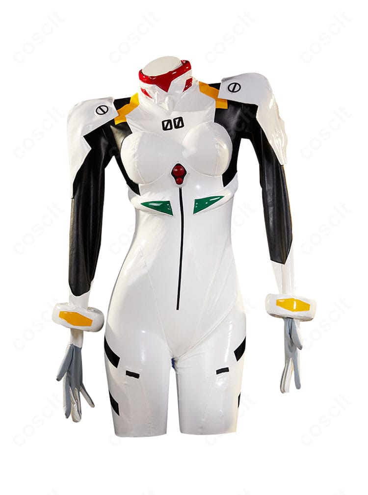 綾波レイ コスプレ衣装の正面全景。レオタードを中心に肩鎧・手飾りの配置とラインが分かる構図。