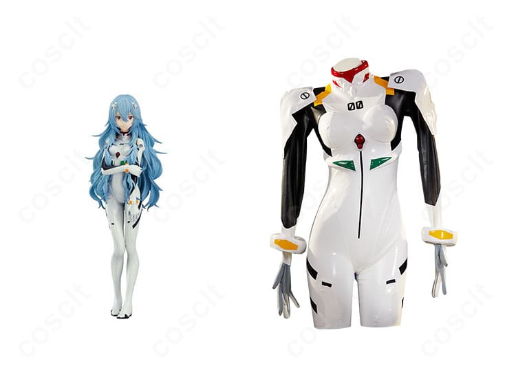 綾波レイ ロングヘアVer.のコスプレ衣装とキャラクターを並置した正面イメージ。プラグスーツの全体シルエットと配色を確認可能。