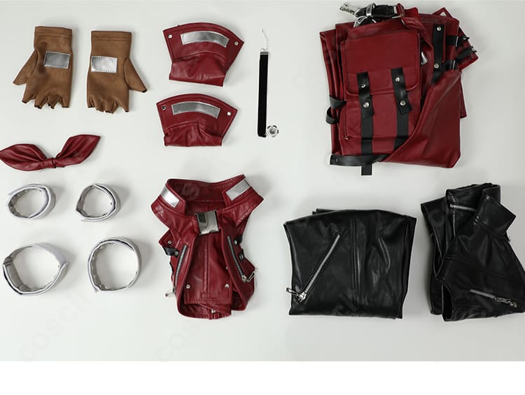 エアリス・ゲインズブール衣装 セット内容一覧。トップス、ズボン、スカート、タンクトップ、手袋、アームカバー、髪飾り、ネックレスなどを配置。