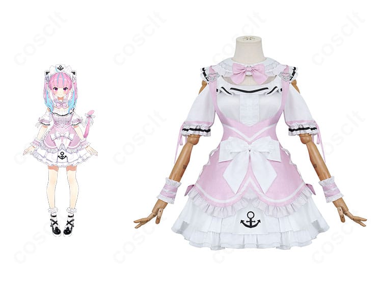 ホロライブ・湊あくあのピンクメイド衣装と公式ビジュアル風キャラクターを並置した正面イメージ