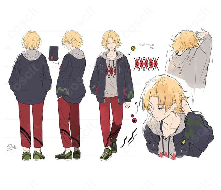 神田笑一のコスプレ衣装一式(コート・パーカー・ズボン)の全身イメージ。にじさんじの雰囲気を高再現で表現したカジュアルセット。