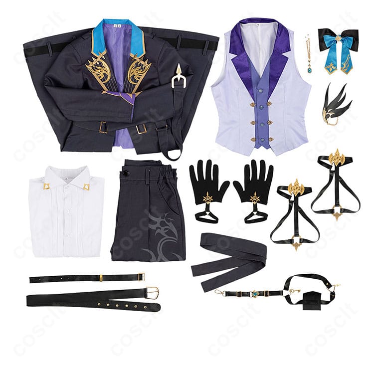 にじさんじ 榊ネス コスプレ衣装のセット内容一覧。コート、ベスト、シャツ、ズボン、各種飾りと手袋を一望できるレイアウト。
