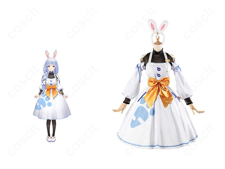 ホロライブ 兎田ぺこら ぺこらマミー衣装の正面全体とキャラビジュアル比較。耳カチューシャと大リボンまで高再現のセットアップ。