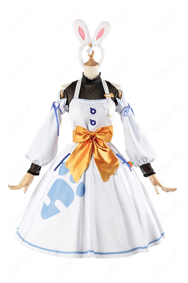 ホロライブ 兎田ぺこら ぺこらマミー コスプレ衣装の正面アップ。ワンピースのラインと装飾の配置がわかる高発色ディテール。