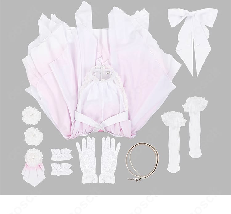 セット内容一覧：ワンピース・髪飾り・手袋・手首飾り・靴下・ベルト・スカーフの同梱物表示