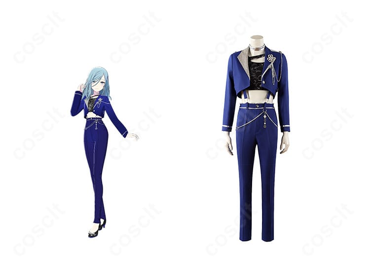 プロジェクトセカイ 日野森雫のコスプレ衣装とキャラクタービジュアルの並び。正面全身でコートと装飾の配置が分かる参考画像。