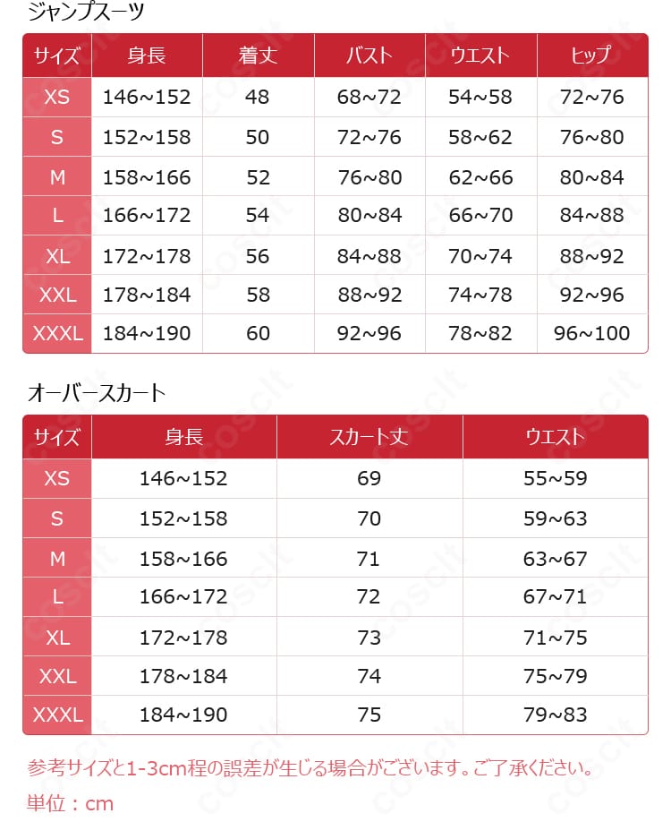 コスプレ衣装のサイズ対応表と寸法ガイド