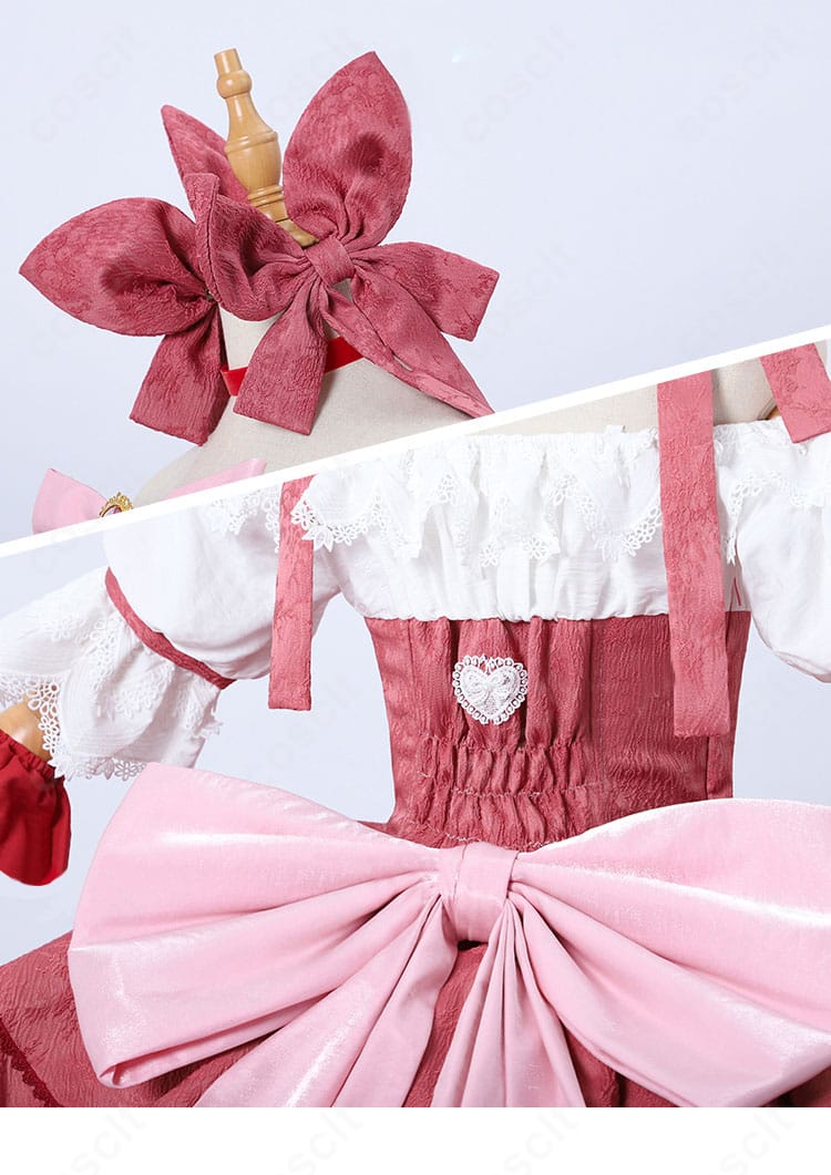 髪飾りと背面蝶結びの細部。光沢感とステッチワーク、立体的な装飾の質感が分かる画像。