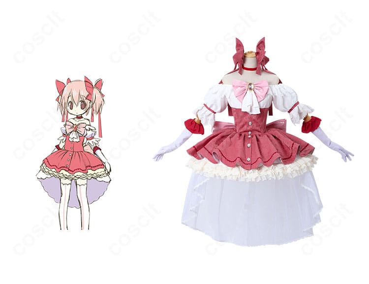 商品正面と鹿目まどかの組み合わせ画像。劇場版〈ワルプルギスの廻天〉の新衣装ドレスを高再現し、蝶結びと上品なシルエットが伝わる全体カット。