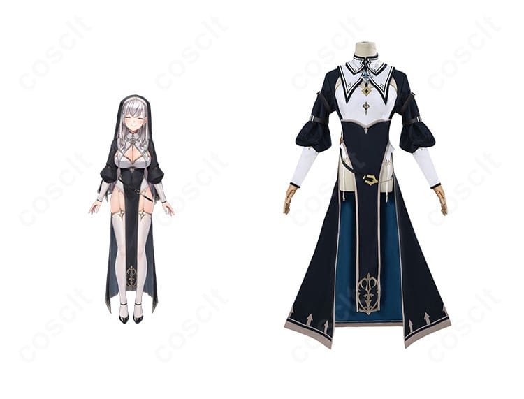 白銀ノエルのシスター×黒騎士コスプレ衣装を着用したイメージ。キャラクター性を忠実に再現したトータルコーデの全身写真