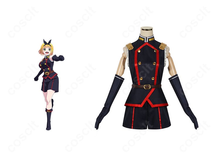 商品正面と駿河朱々のビジュアルを並置したイメージ。第七部隊の隊服コスプレ一式の全体感とシルエットが分かる構図。