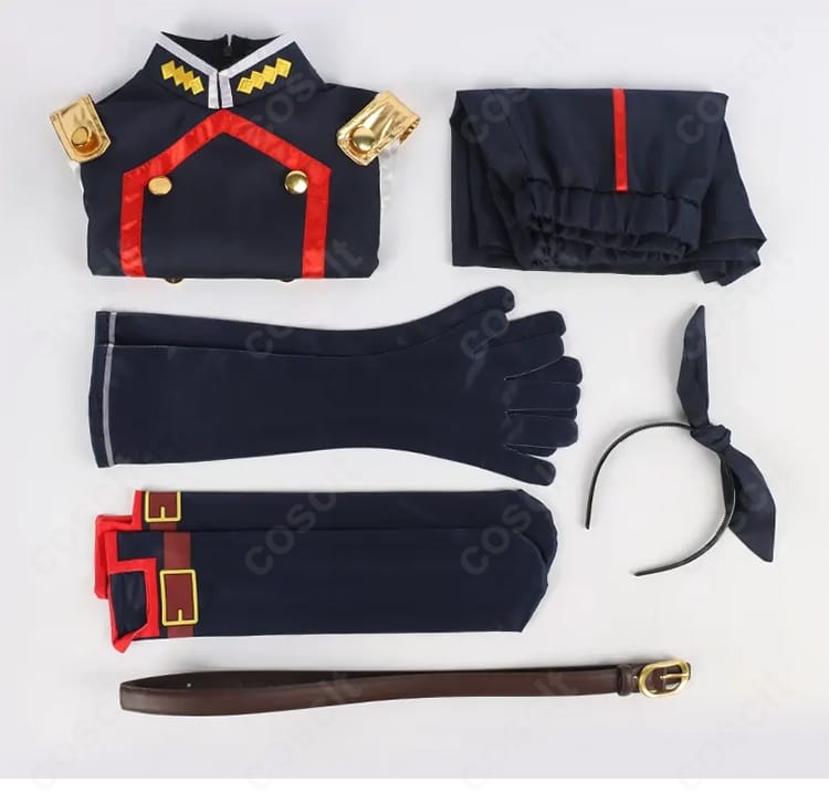 セット内容一式のレイフラット。トップス、ショートパンツ、手袋、ベルト、靴下、カチューシャが揃った内容を明確化。