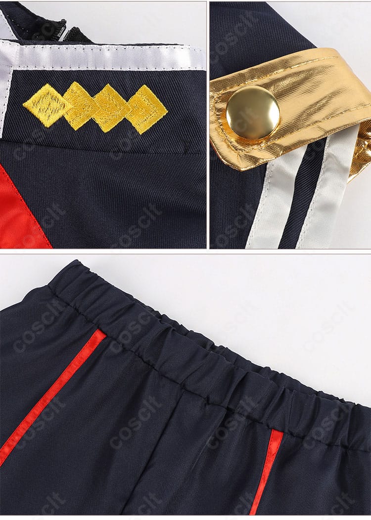 ショートパンツと肩口装飾の近接画像。生地のハリとエッジの整い、装飾パーツの固定感を確認可能。