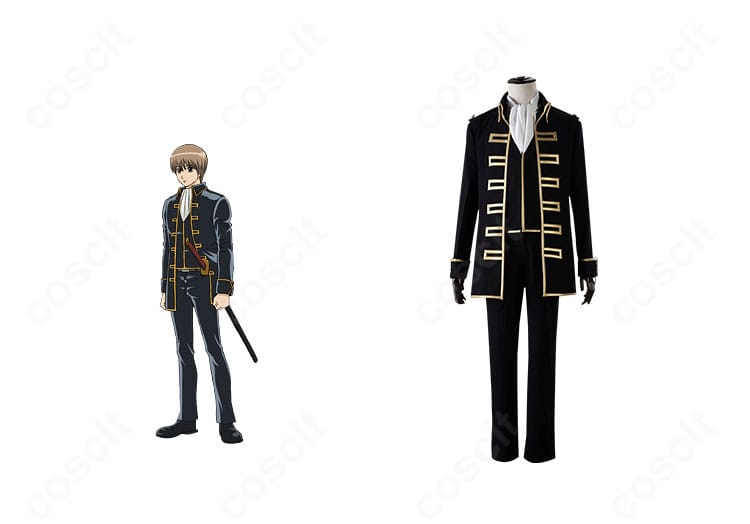 銀魂 近藤勲・土方十四郎・沖田総悟対応の真選組隊服コスプレ一式・正面全体図。ハリ感あるコートと装飾を高精度に再現。